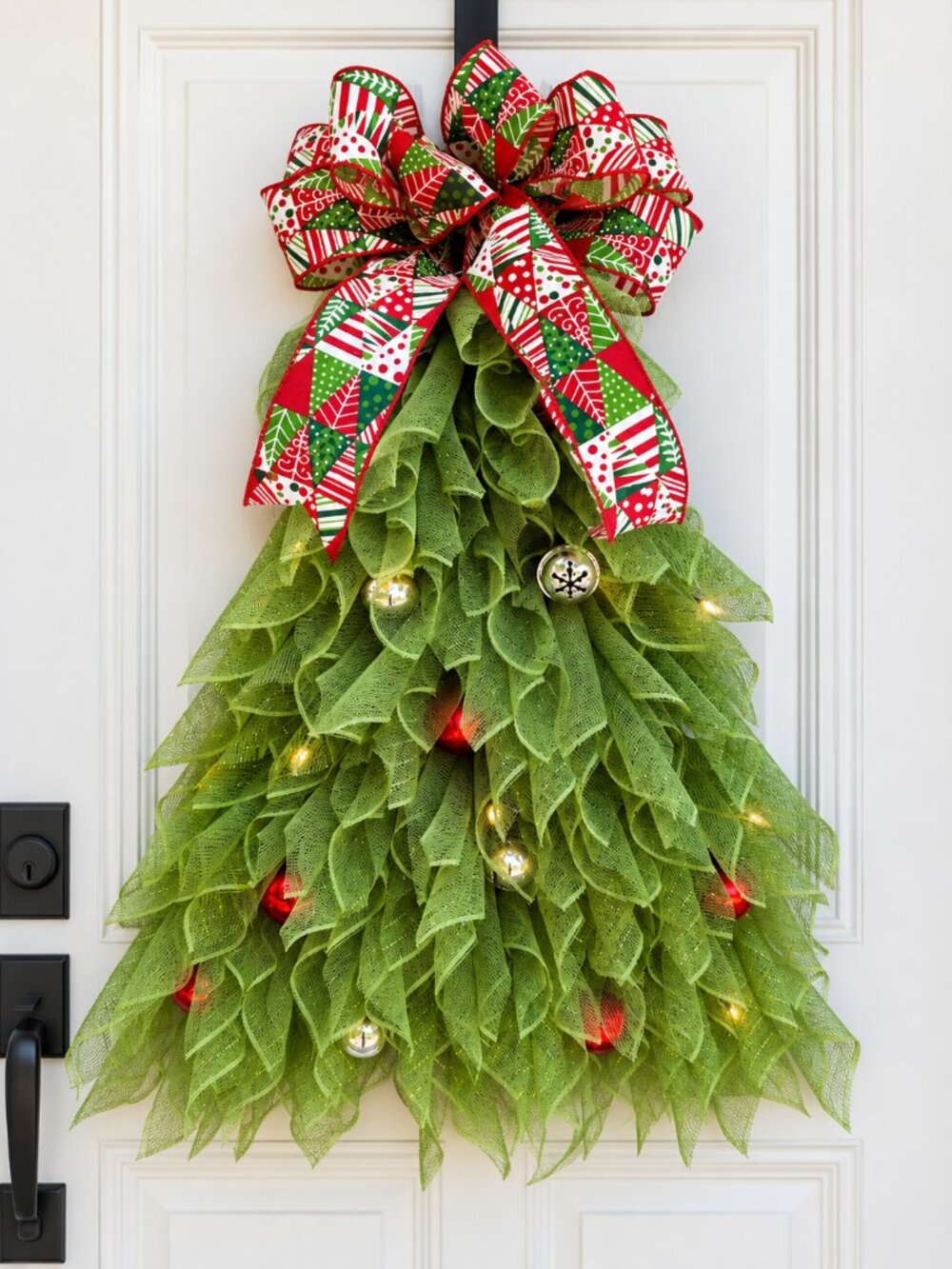 Handmade Christmas Tree Door Swag Green Mesh Wreath Red Green Holiday Bow Jingle